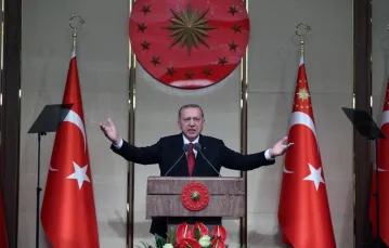 Prezydent Recep Erdogan przemawia podczas drugiej rocznicy nieudanego puczu wojskowego, Ankara, 15 lipca 2018 r. / Fot. Xinhua News Agency / eyevine / East News / 